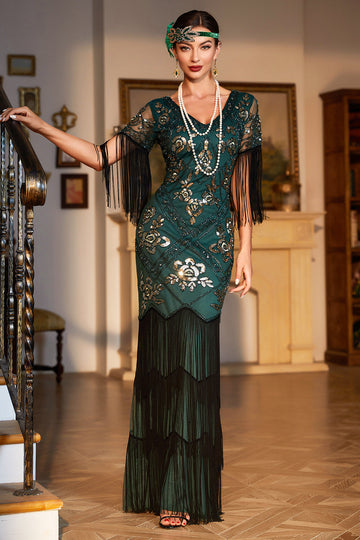 V Pescoço Verde Escuro Lantejoulas 1920s Vestido